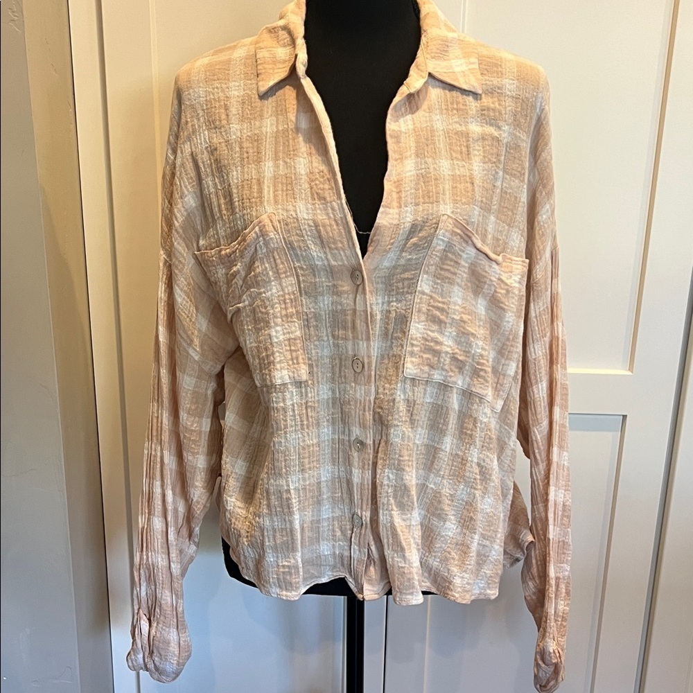 Show Me Your MuMu Cream and Tan Plaid Button-Down Shirt Size L
